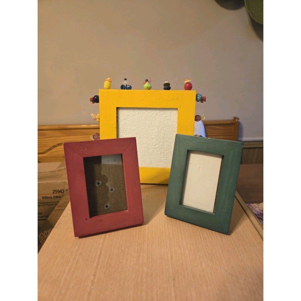 Beaded Decorative Painted Yellow Beaded Red Green Picture Frames 3x4, 5.5"